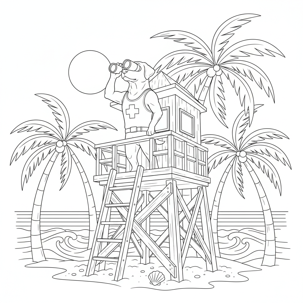 Dog Lifeguard on the Beach — Free Coloring Page for Kids coloring page
