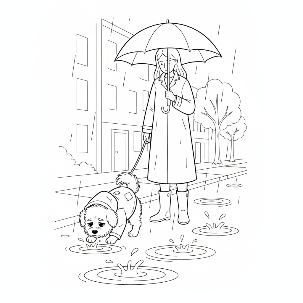 Cheerful girl with umbrella in the rain — Free Coloring Page for Kids