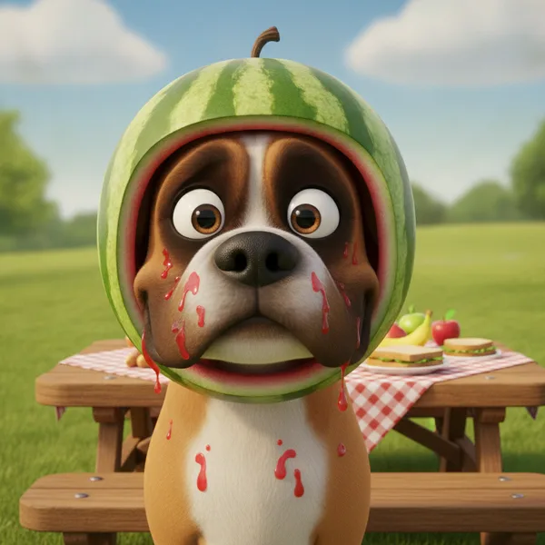 Sunny Picnic with a Boxer Dog in a Watermelon Helmet — Free Coloring Page for Kids