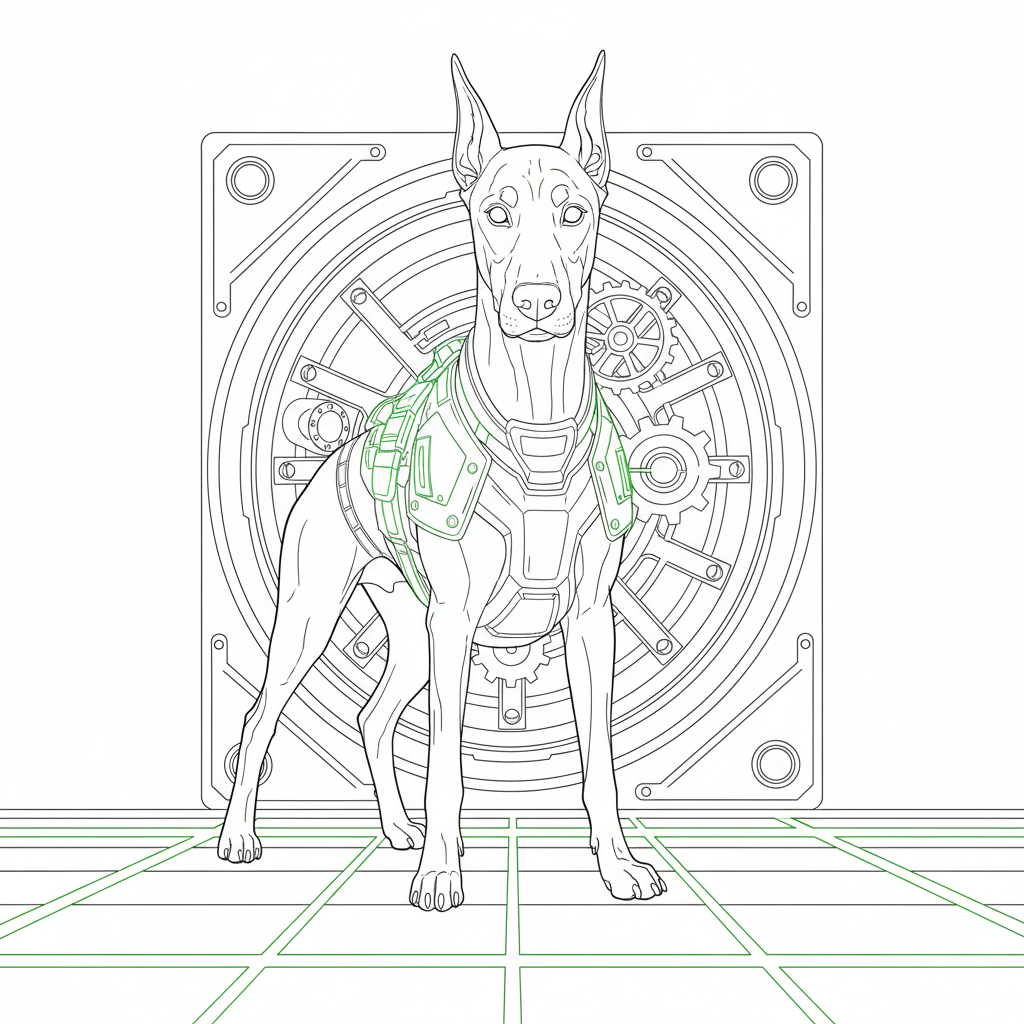 Doberman Cyber Adventure — Free Printable Coloring Page for Kids coloring page