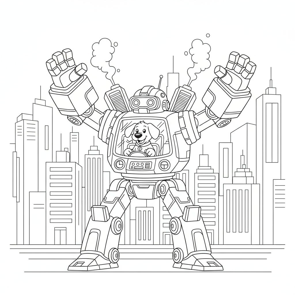 Robo-Dog Mech in Neon City — Free Coloring Page for Kids coloring page