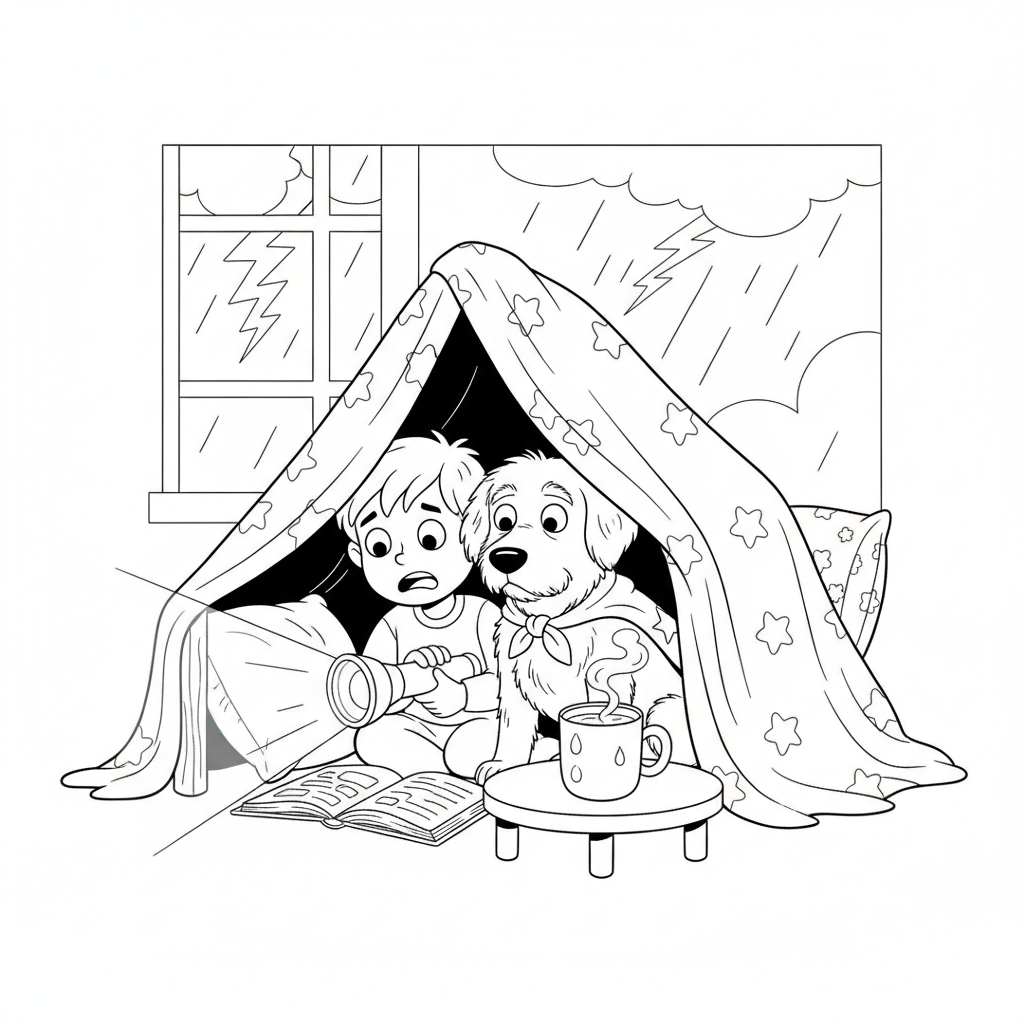 Barraca de Cobertores com um Cachorro — Desenho de Cachorro para Colorir — Grátis