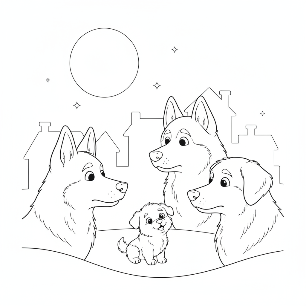 Excited Puppy Playing with Dogs — Free Coloring Page for Kids