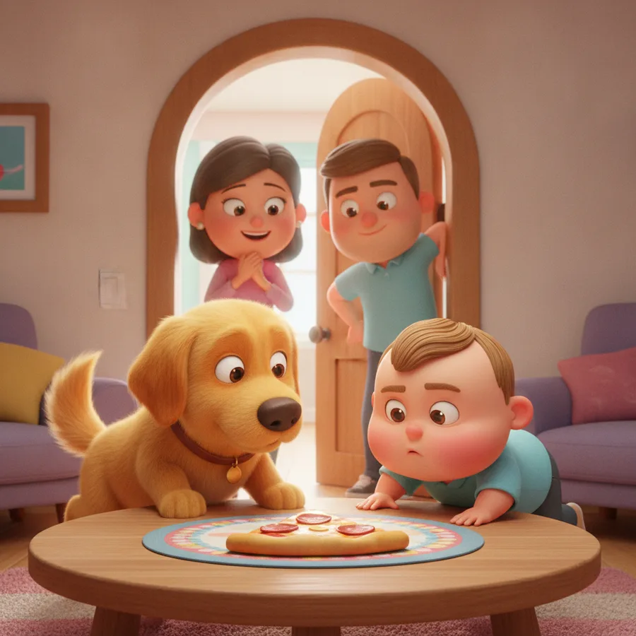 In this charming coloring page, a golden retriever puppy and a young boy are captivated by a pizza. The puppy and table are easy to color, while the characters in the background provide a fun challenge.
