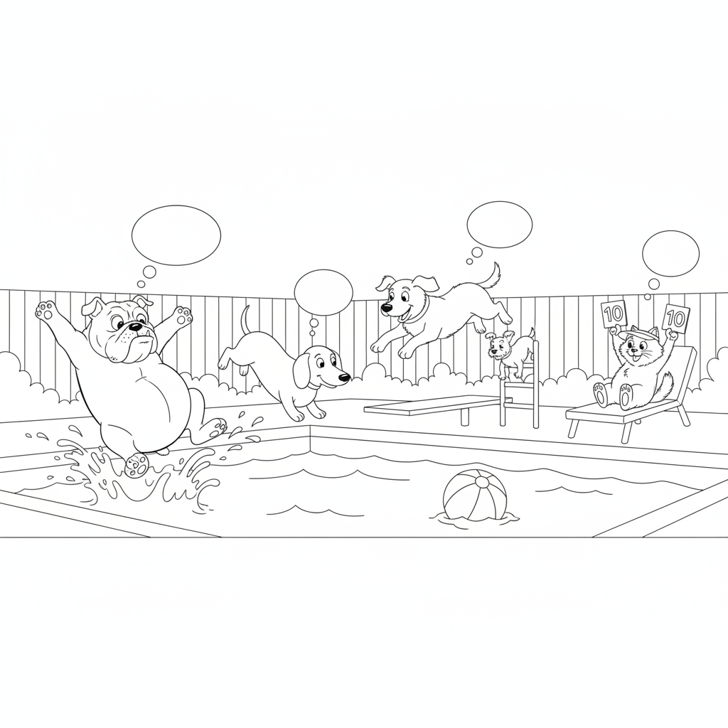Cheerful Dogs Splashing in Pool — Free Coloring Page for Kids