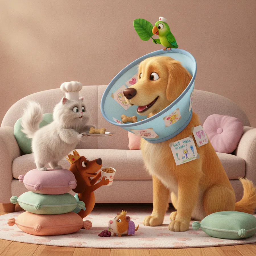Esta página para colorir apresenta um feliz golden retriever e vários animais brincalhões em um ambiente acolhedor. As áreas fáceis incluem as grandes formas dos animais, enquanto os detalhes como o colar e os petiscos oferecem um pouco mais de desafio.
