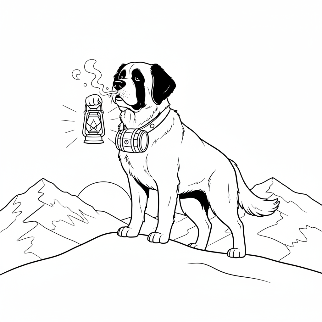 Saint Bernard on Snowy Hill — Free Coloring Page for Kids coloring page