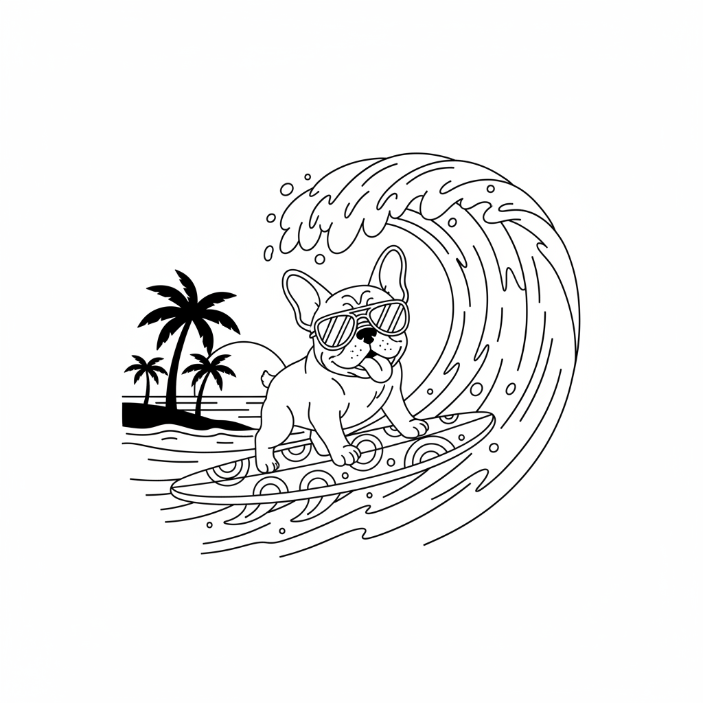 Surfing Bulldog Adventure — Free Coloring Page for Kids coloring page