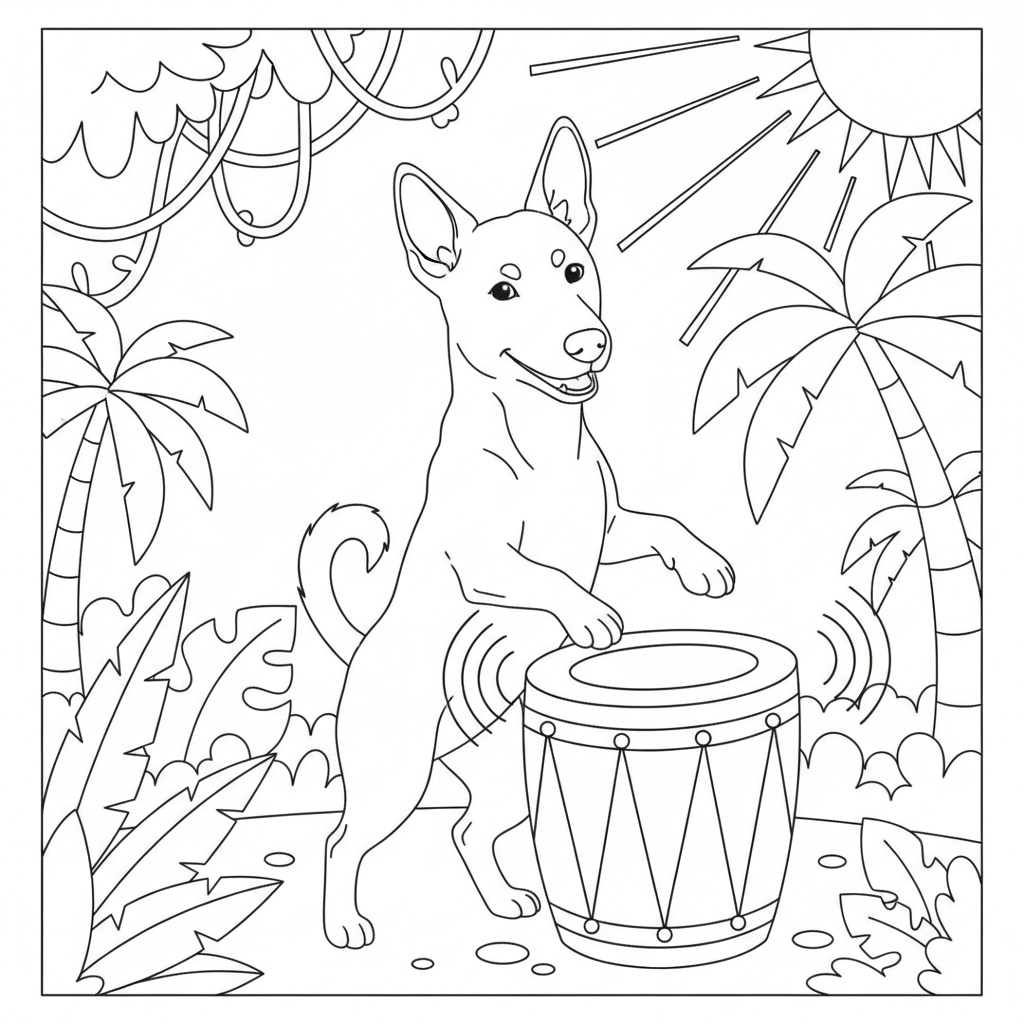 Cheerful Jungle Dog Playing Drum — Free Coloring Page for Kids