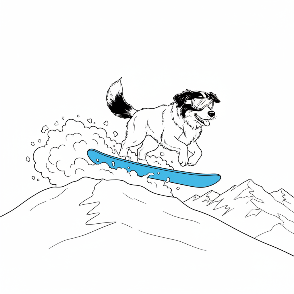 Bernese Dog Snowboarding — Free Coloring Page for Kids coloring page