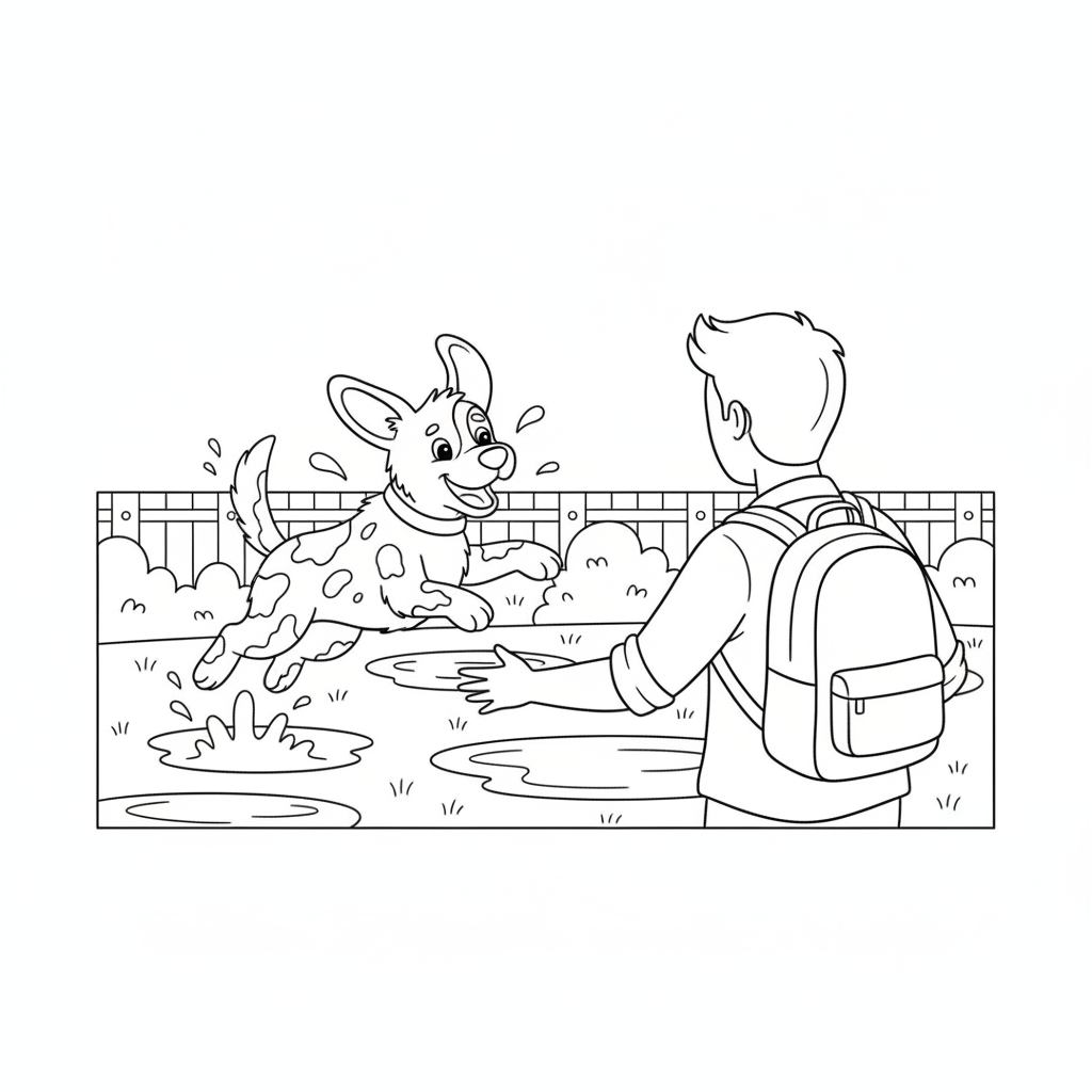 Cheerful Boy Jumping in Puddles — Free Coloring Page for Kids