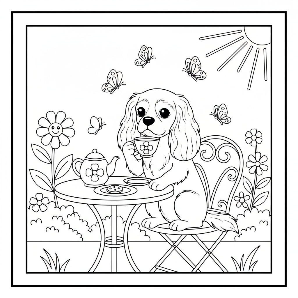 Cavalier Tea Party Coloring Fun — Free Coloring Page for Kids coloring page