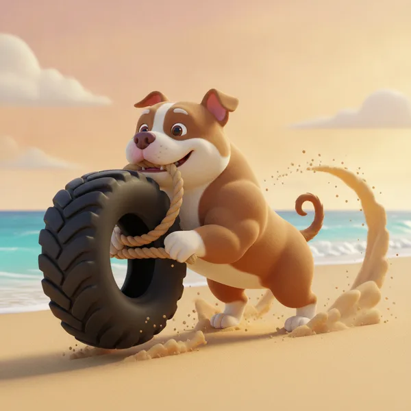 Cheerful Dog Tugs on Tire at Sunset — Free Coloring Page for Kids