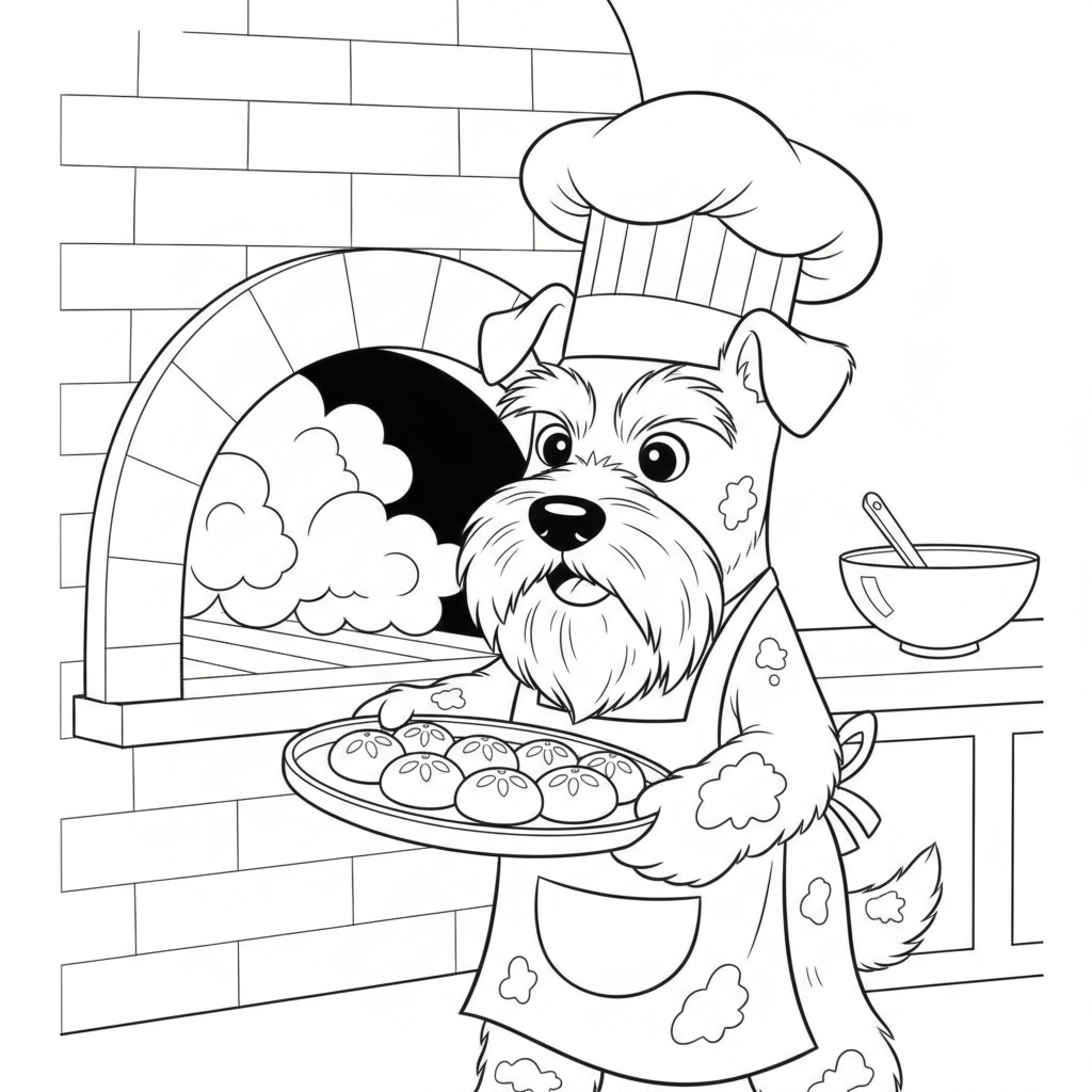 A Schnauzer Baker with Fresh Bread Rolls — Free Coloring Page for Kids
