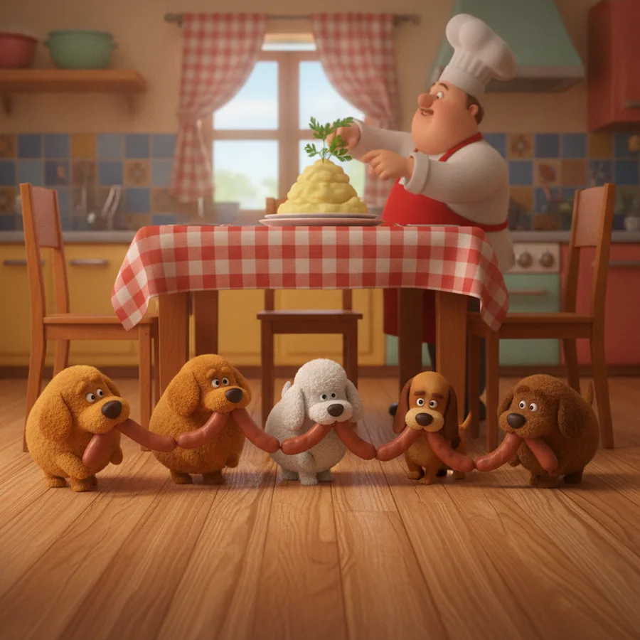 Diese Ausmalbild zeigt einen fröhlichen Koch und verspielte Hunde, was es zu einer unterhaltsamen Szene macht. Die großen Flächen wie die Schürze des Kochs sind einfach, während die detaillierten Elemente der Küche und der Hunde etwas mehr Herausforderung bieten.