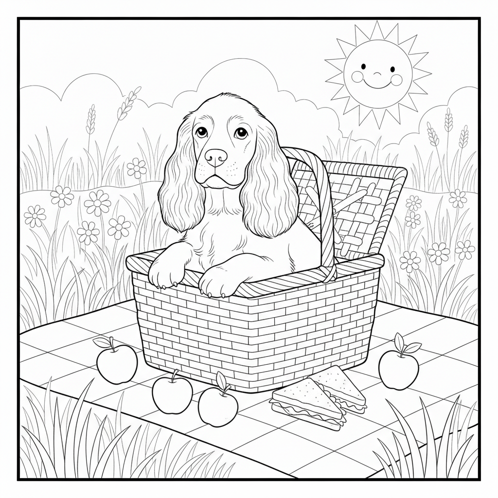 Cheerful Cocker Spaniel Peeking from Picnic Basket — Free Coloring Page for Kids