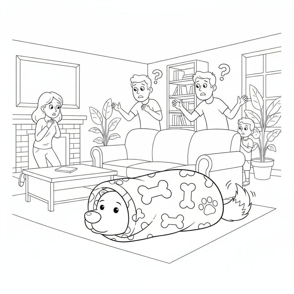 Cartoon Hund auf orange Couch — Hund Ausmalbild — Kostenlos Ausdrucken