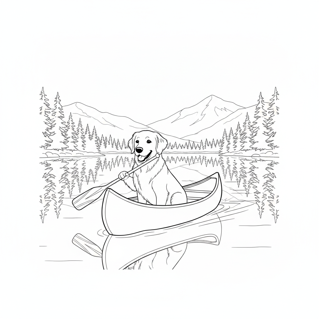 Golden Retriever em Canoe — Desenho para Colorir Grátis