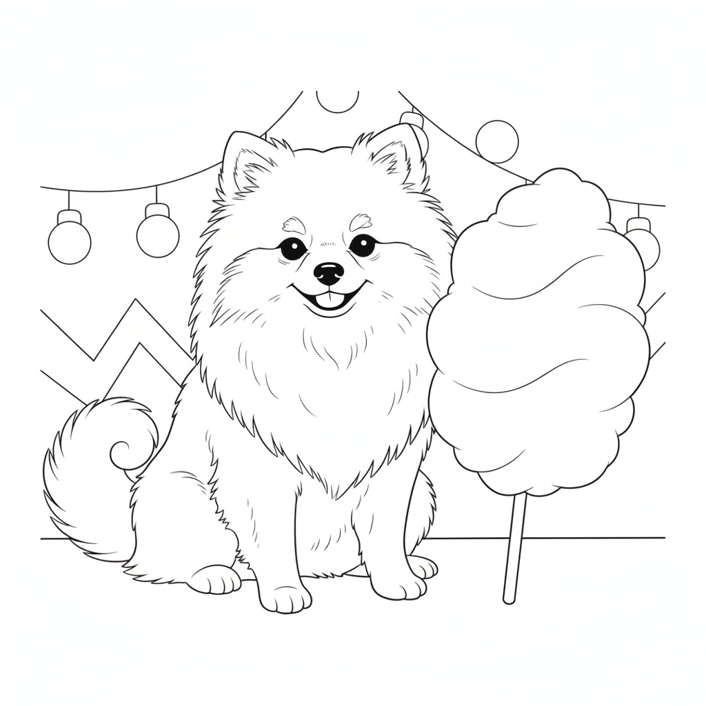 Fluffy Pomeranian with Cotton Candy — Free Coloring Page for Kids