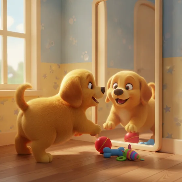 Perrito Amarillo Jugando con su Espejo — Dibujos de Perros para Colorear — Gratis para Imprimir
