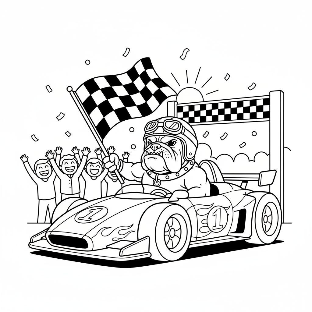 Cheerful Bulldog Racer — Free Coloring Page for Kids coloring page