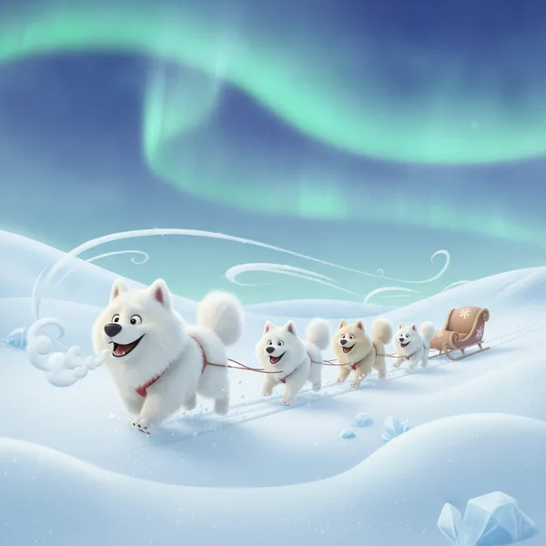 Cheerful Samoyed Dogs Pulling a Sled — Free Coloring Page for Kids