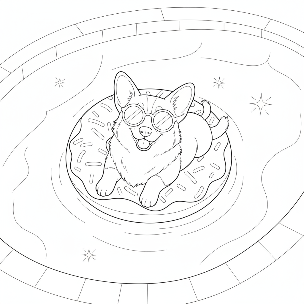 Corgi en un Flotador de Donut en la Piscina — Dibujos de Perros para Colorear — Gratis para Imprimir