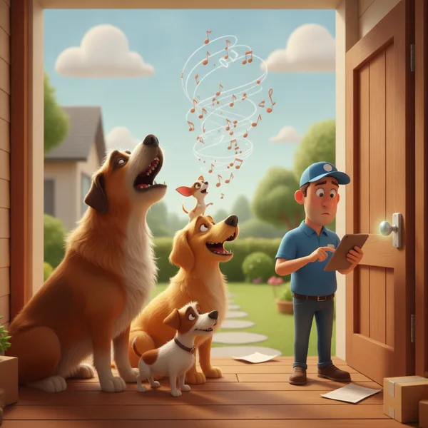 Repartidor Confundido con Perros Emocionados — Dibujos de Perros para Colorear — Gratis para Imprimir