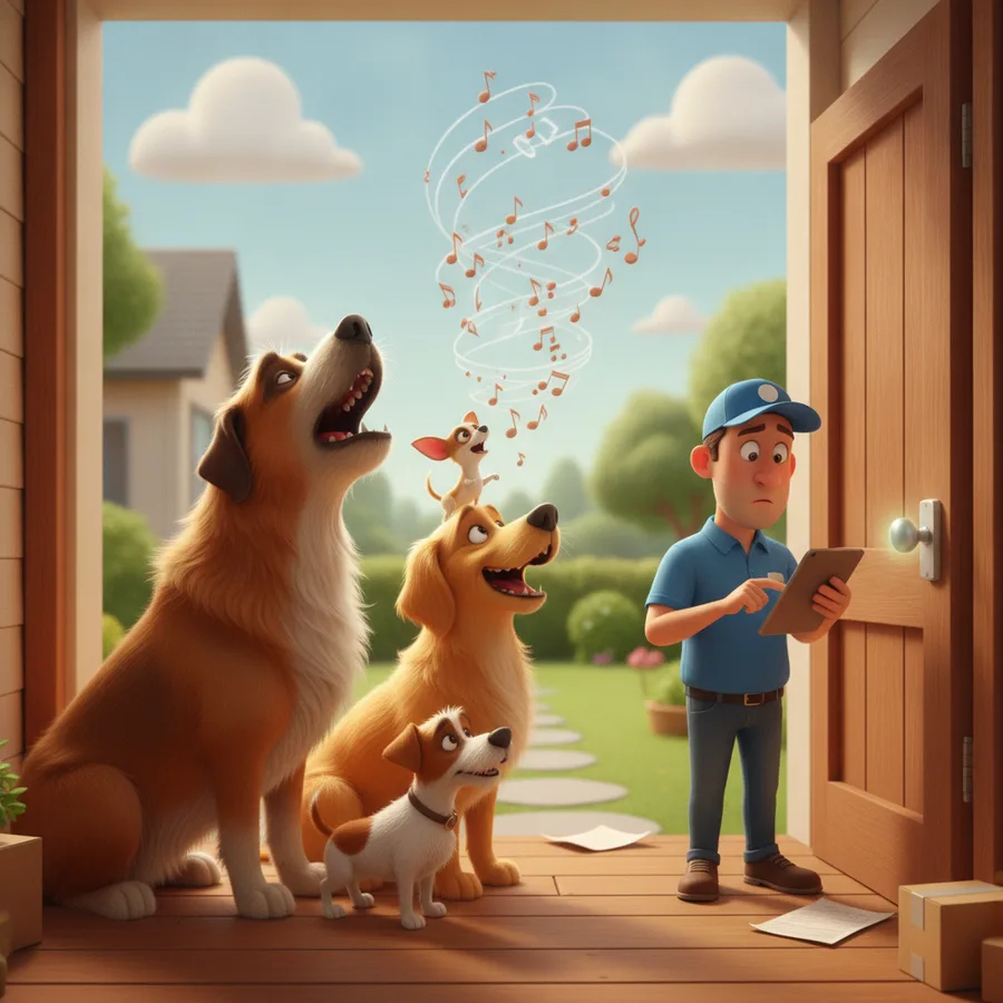 This scene is full of joyful dogs and a delivery person figuring things out. The dogs' bodies are easy to color, while the details in the garden present a bit of a challenge.