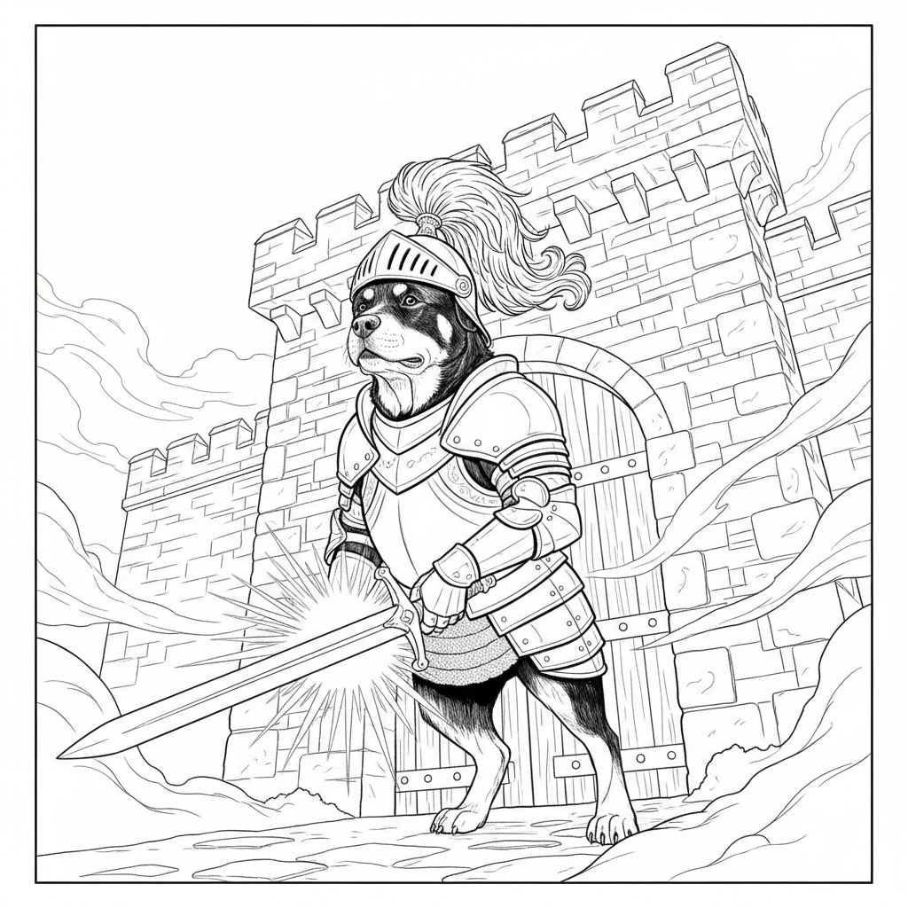 Rottweiler Knight Guard — Free Coloring Page for Kids coloring page