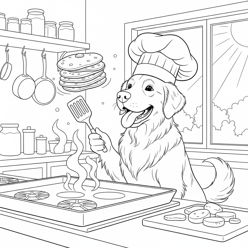 Golden Retriever Flipping Pancakes — Free Coloring Page for Kids coloring page