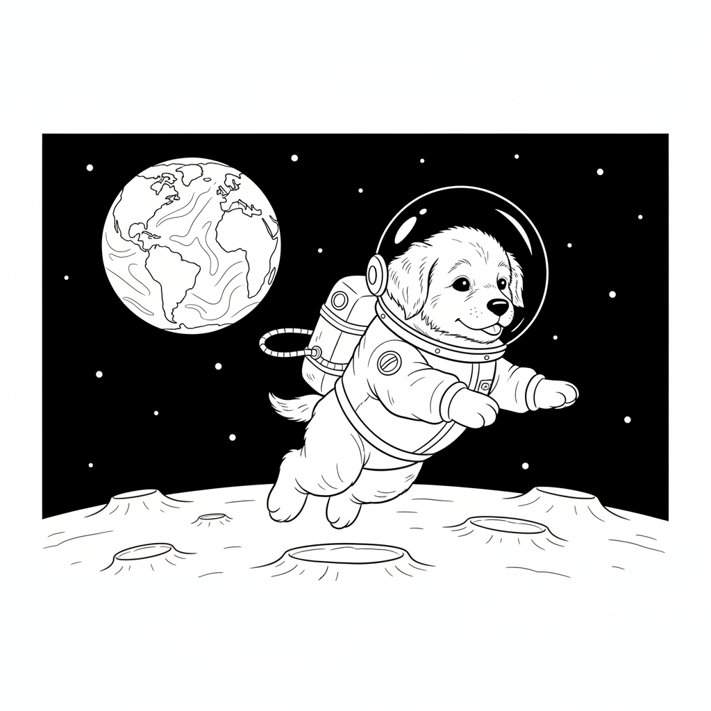 Puppy Astronaut Jump — Free Coloring Page for Kids coloring page