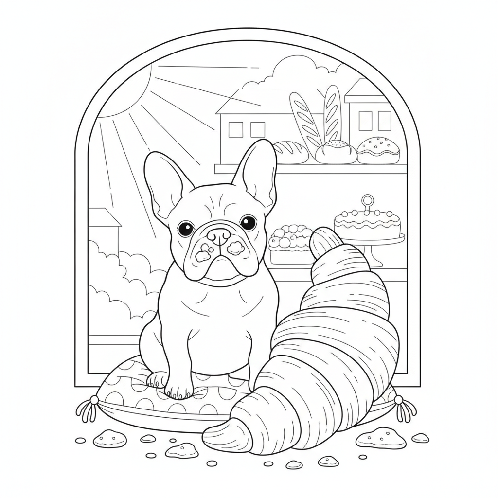French Bulldog at a Bakery Display — Free Coloring Page for Kids