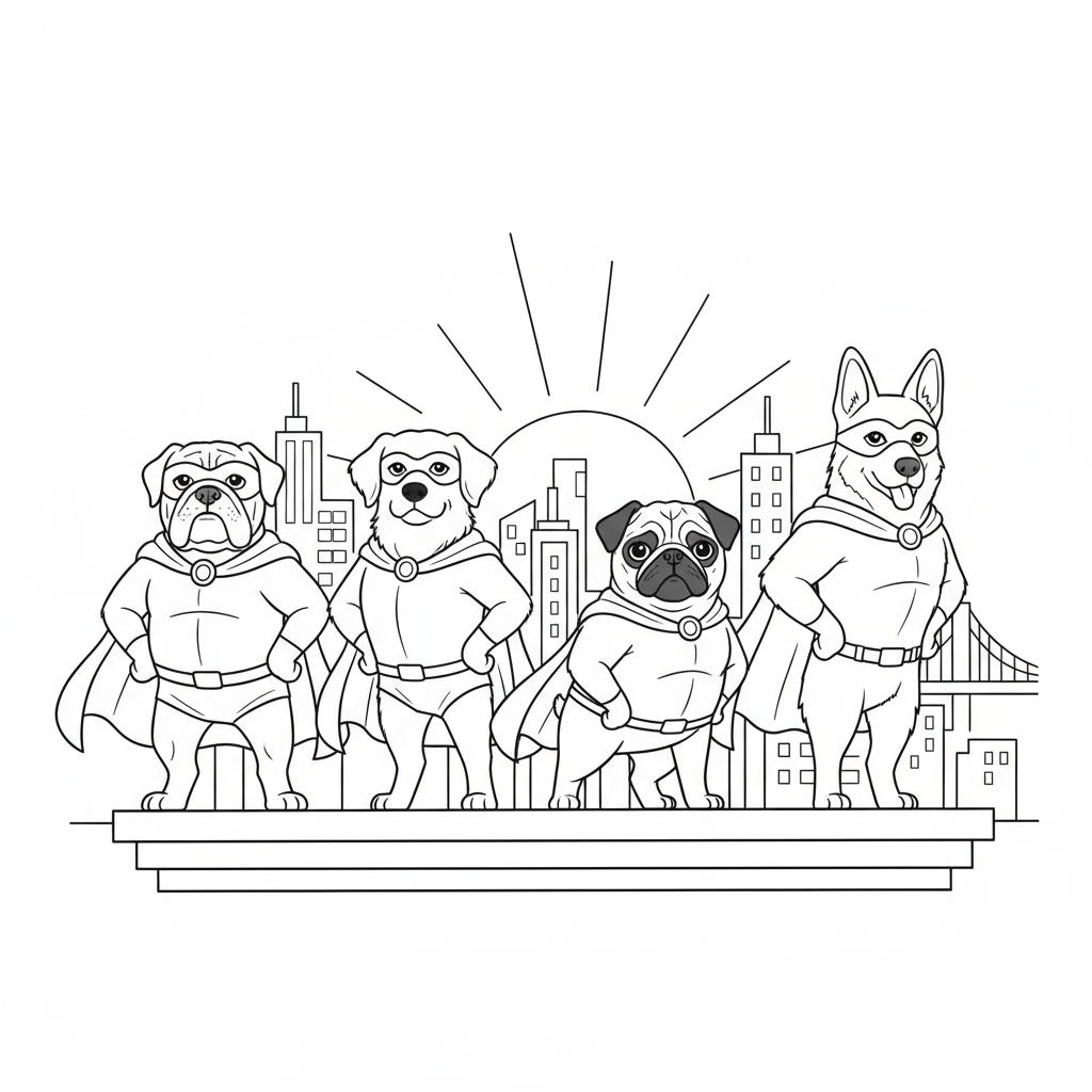 Superhero Dogs on a Rooftop — Free Coloring Page for Kids coloring page