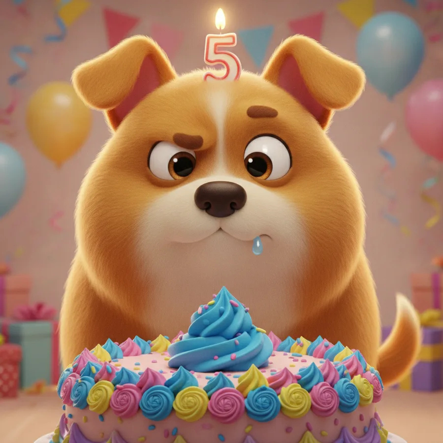This coloring page features a cute dog with big eyes and a festive birthday cake. The dog is easy to color, while the cake and decorations offer some fun details.