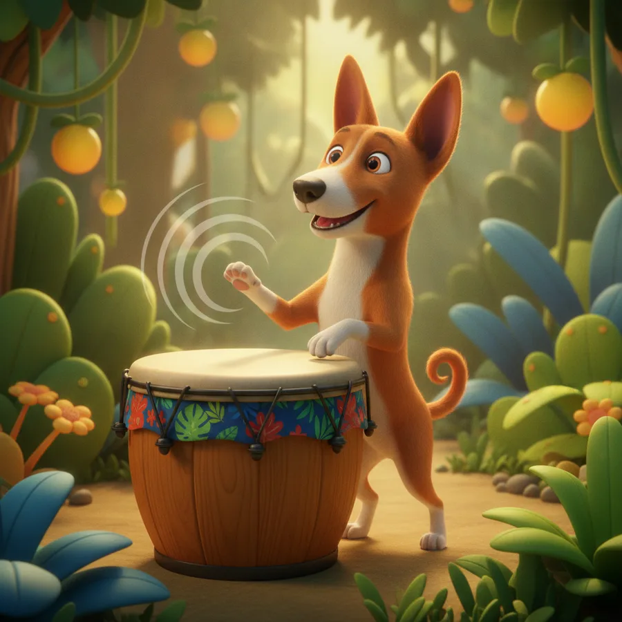 This fun coloring page features a cheerful Basenji dog playing a drum in a lush jungle. Easy areas like the dog and fruits make it perfect for young artists.