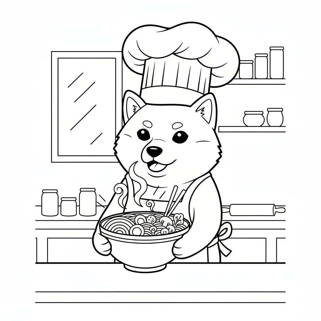 Shiba Inu Chef Cooking Fun — Free Coloring Page for Kids coloring page