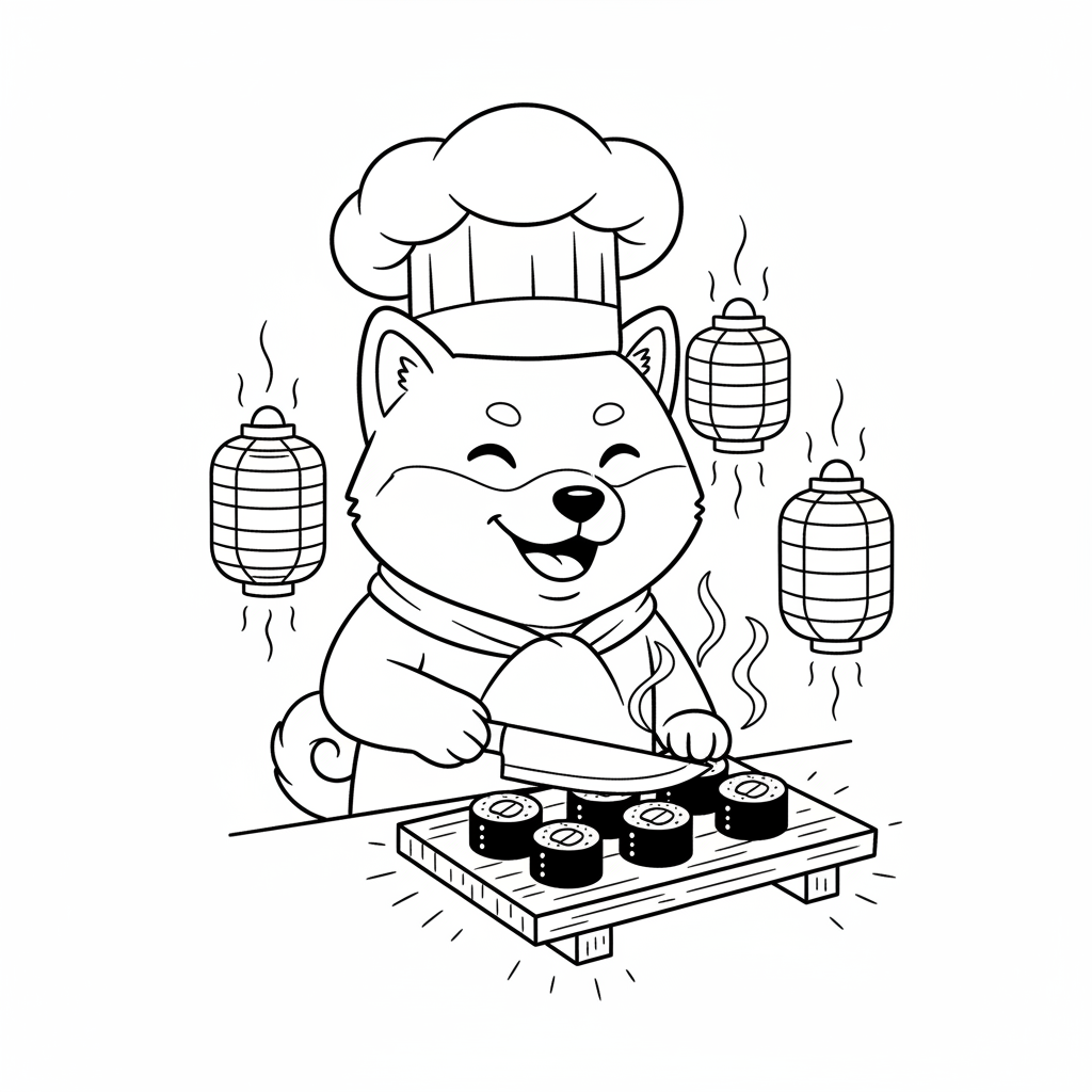 Shiba Inu Sushi Chef — Free Coloring Page for Kids coloring page