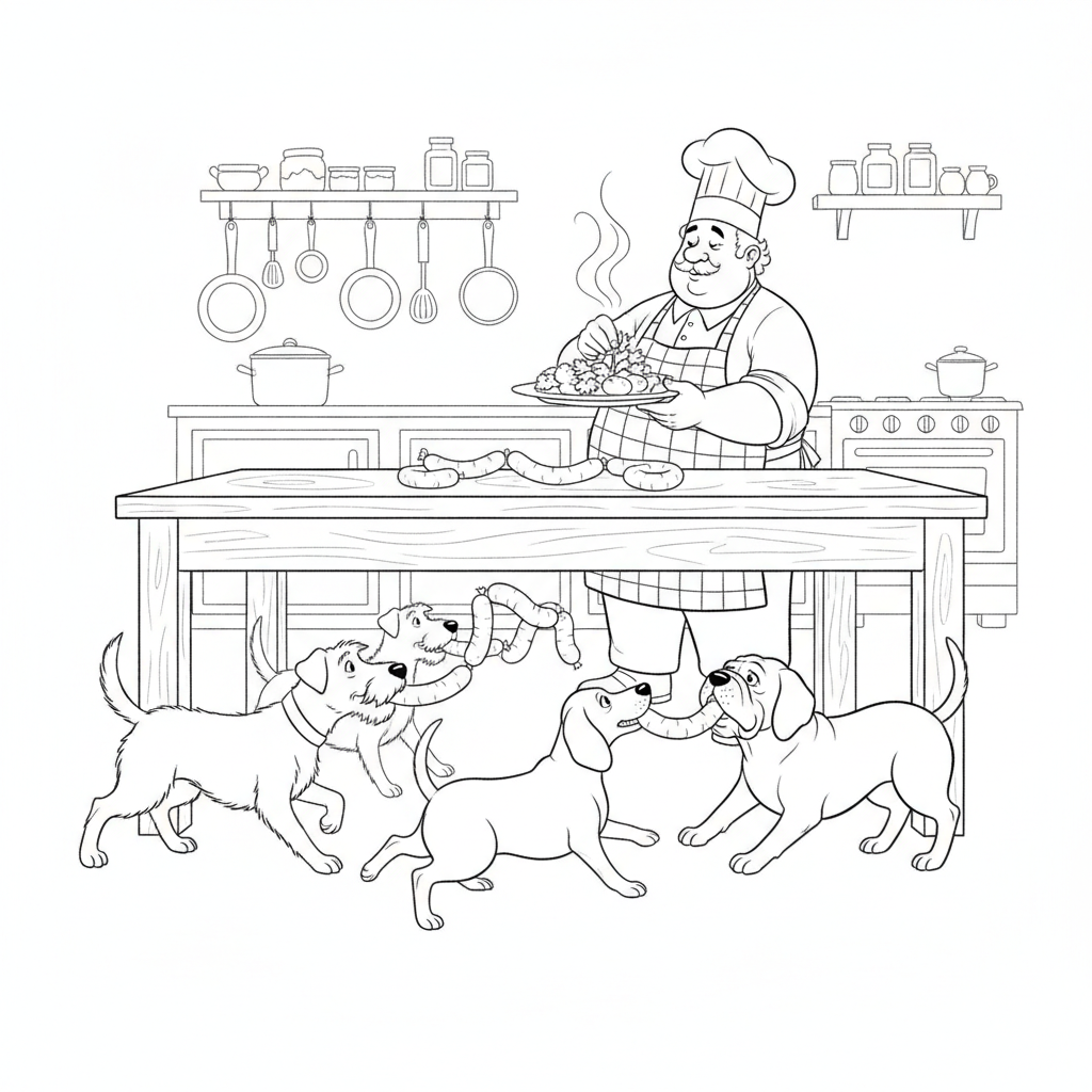 Fröhlicher Koch mit Hunden — Hund Ausmalbild — Kostenlos Ausdrucken