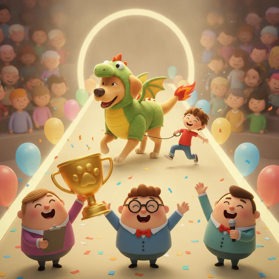 Cette scène animée présente un chien heureux en costume de dragon, ce qui la rend amusante et festive à colorier. Les enfants peuvent facilement colorier le chien et les éléments de fond, tandis que le trophée et les confettis offrent un défi plus intéressant.