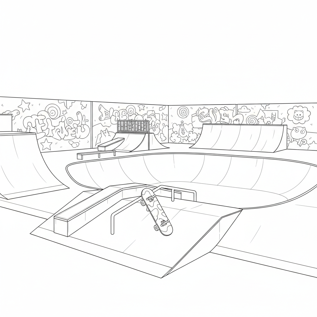 Skate Park Sunset — Free Coloring Page for Kids coloring page