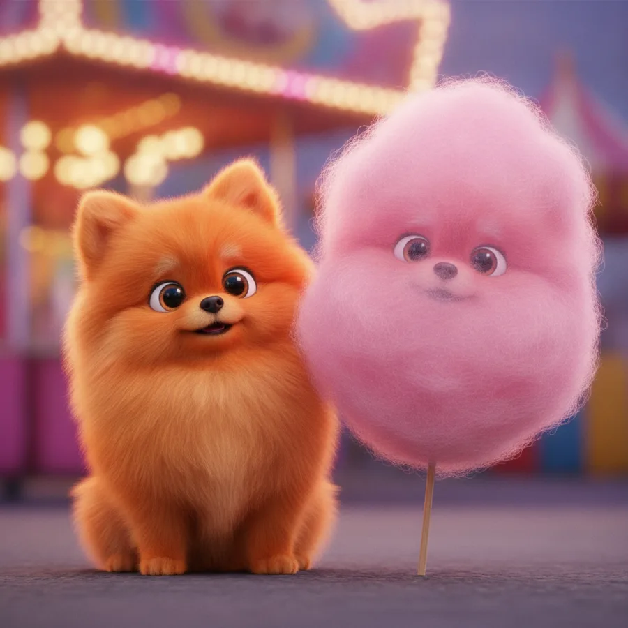 This coloring page features a fluffy orange Pomeranian sitting beside a fun pink cotton candy. The dog's fur is easy to color, while the background lights provide a delightful challenge.