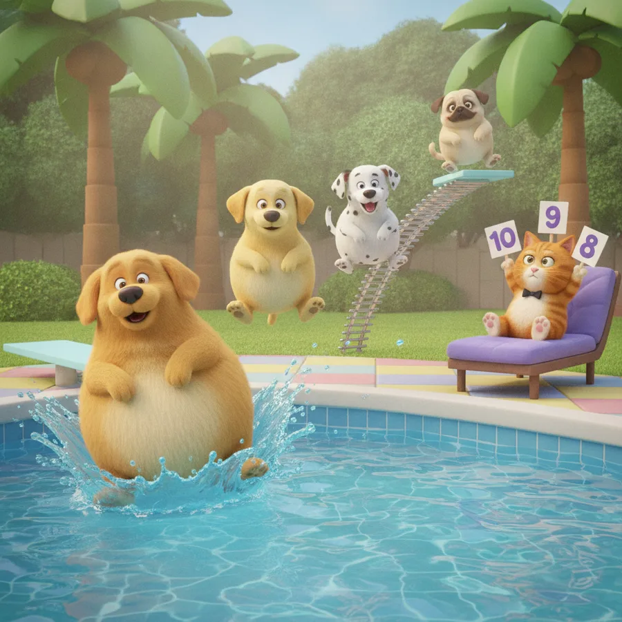 This coloring page features playful dogs enjoying a splashing pool scene. Areas like the water are fun and easy to color, while the dogs' details offer a fun challenge.