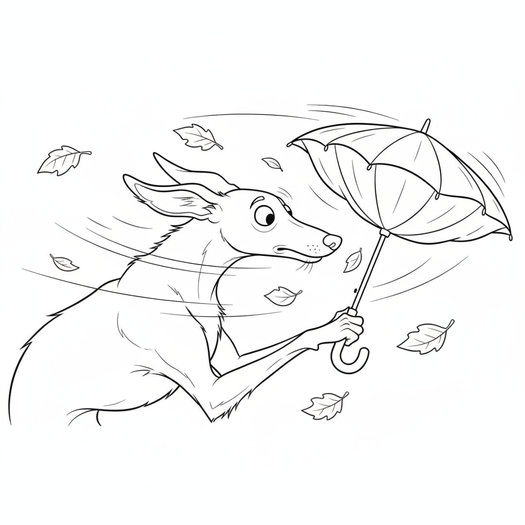 Surprised Dog with Umbrella Among Autumn Leaves — Free Coloring Page for Kids