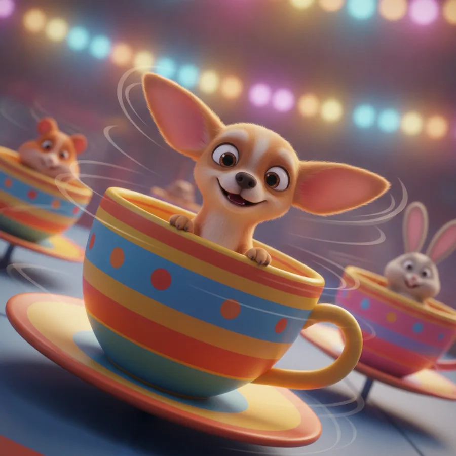 Esta página para colorear presenta un perro alegre girando en una taza colorida, junto a un oso y un conejo. Las grandes áreas de las tazas son fáciles de llenar, mientras que las orejas del perro ofrecen un divertido desafío.