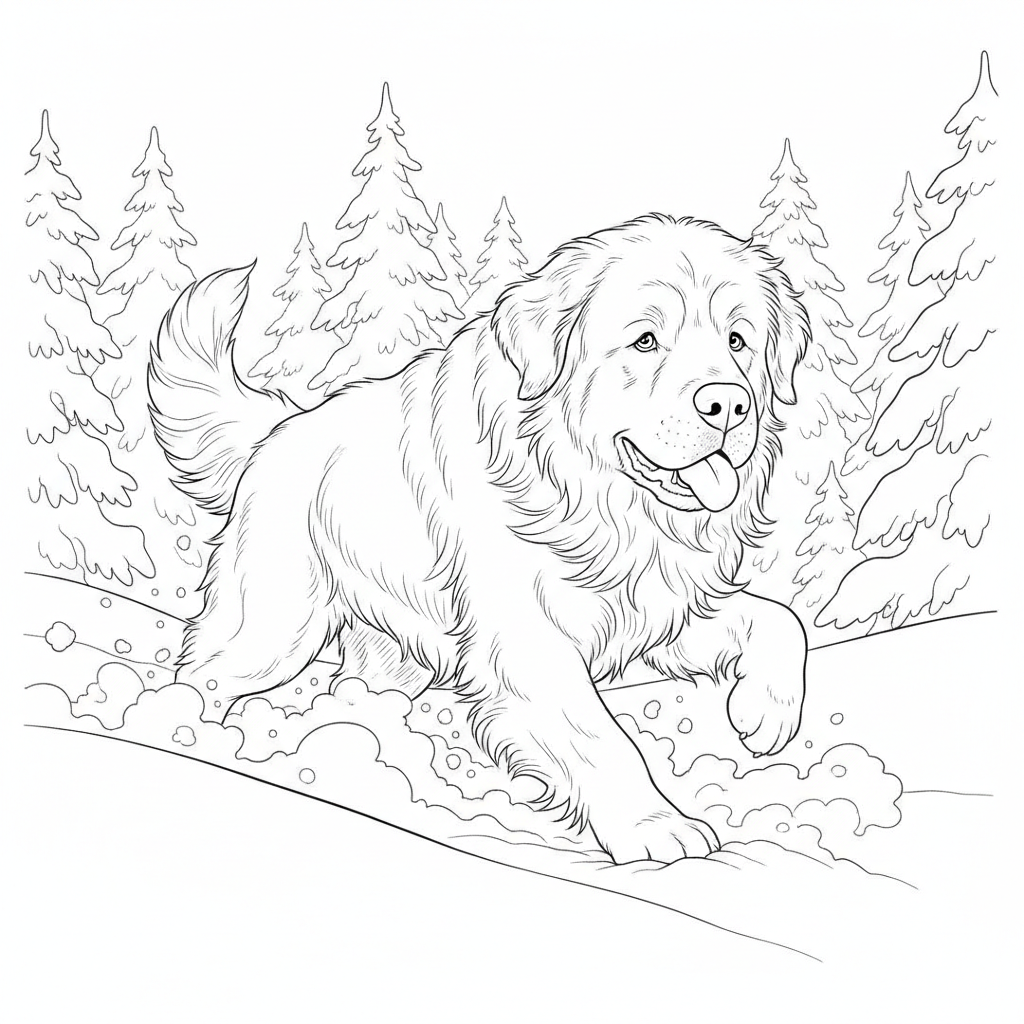 Cheerful Newfoundland Dog in the Snow — Free Coloring Page for Kids
