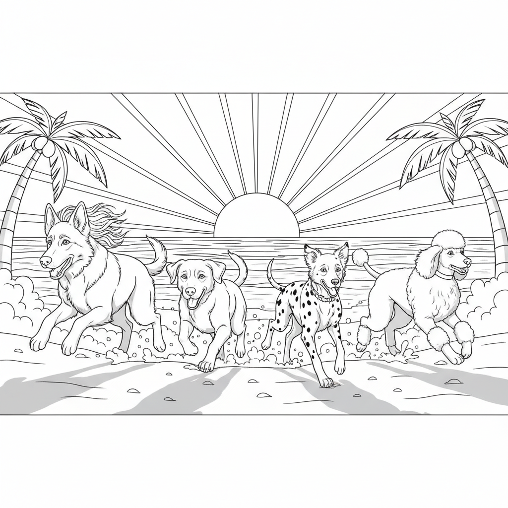 Joyful Dogs on the Beach — Free Printable Coloring Page for Kids coloring page