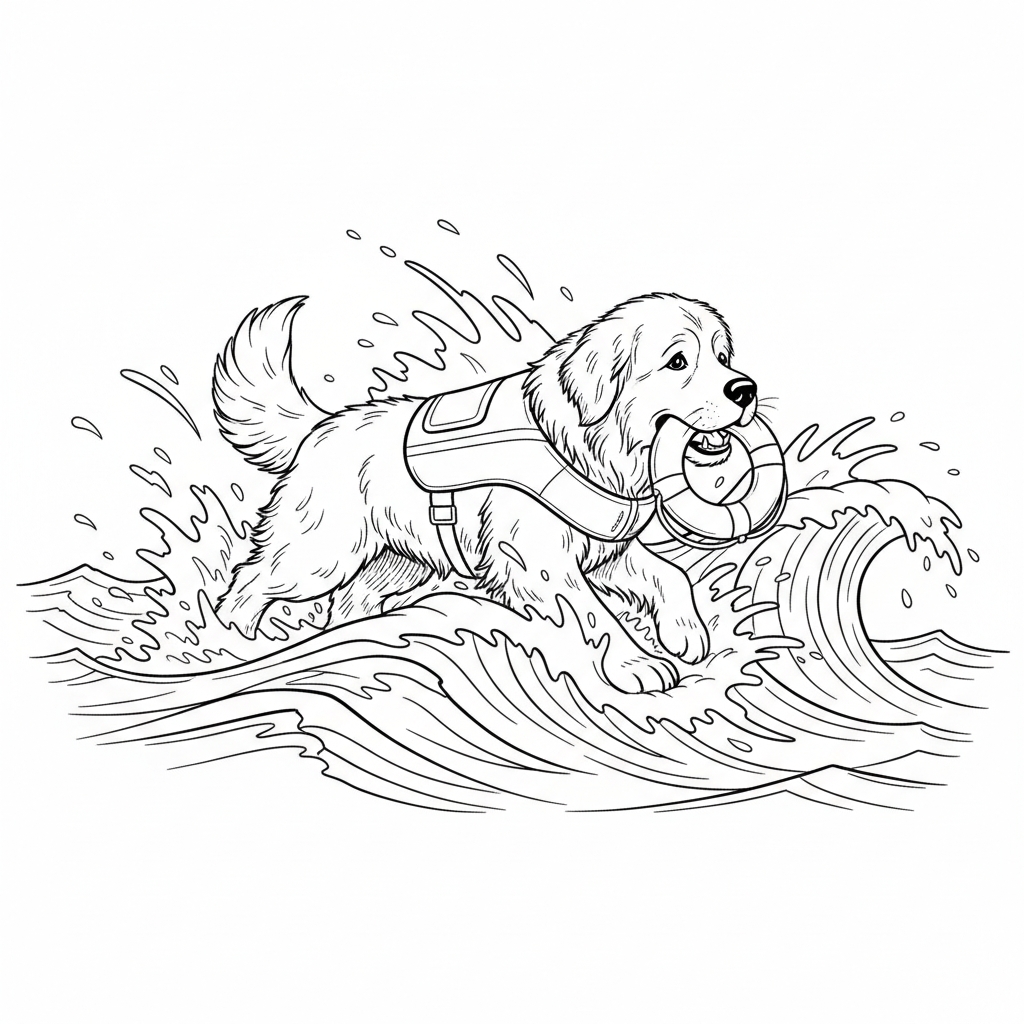 Cheerful Newfoundland Dog in Waves — Free Coloring Page for Kids coloring page