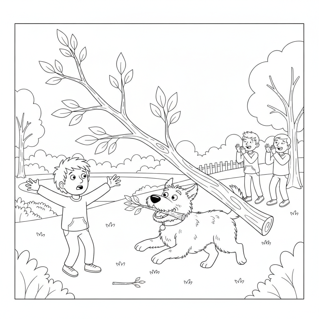 Cheerful Golden Retriever Fetching a Branch — Free Coloring Page for Kids