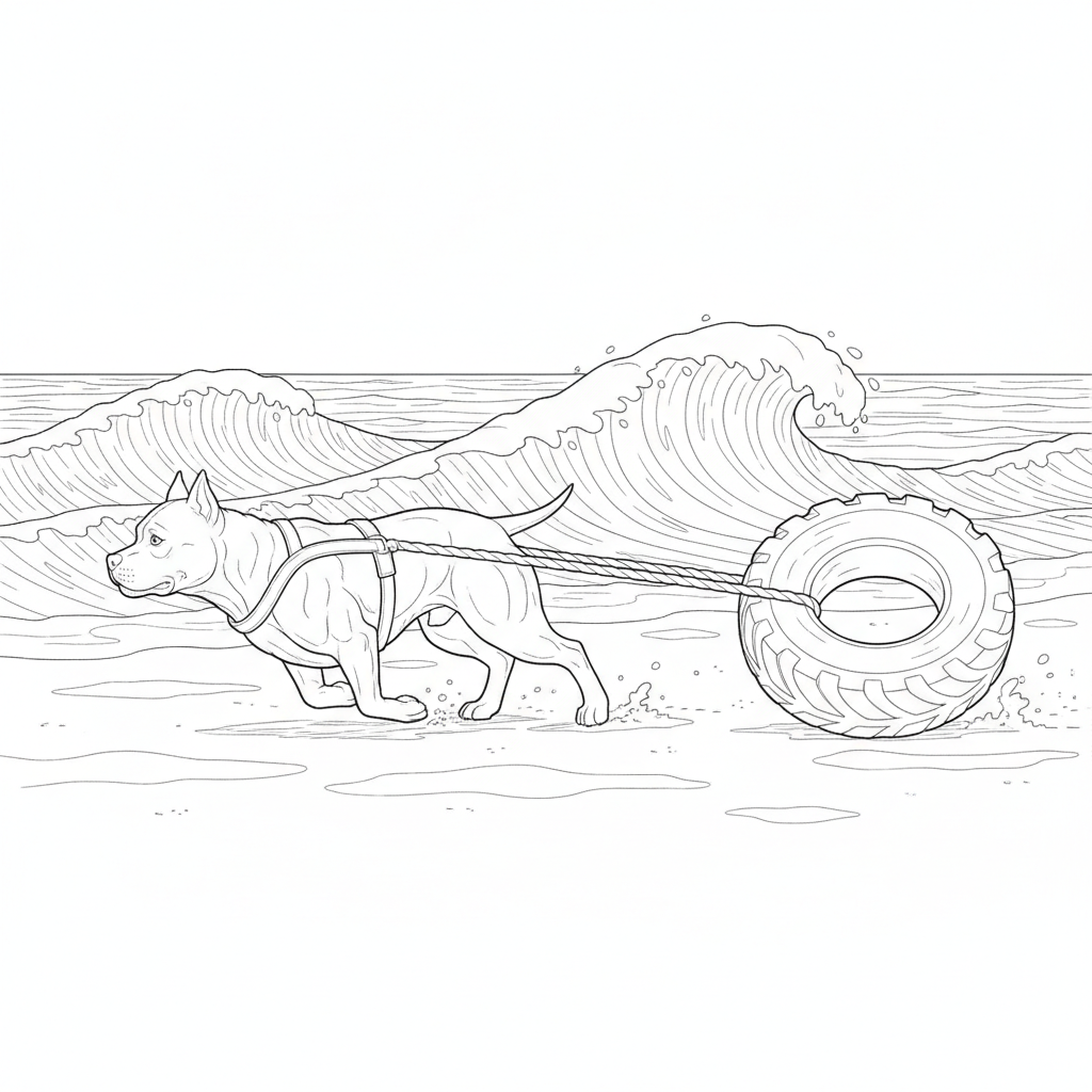 Cheerful Dog Tugs on Tire at Sunset — Free Coloring Page for Kids